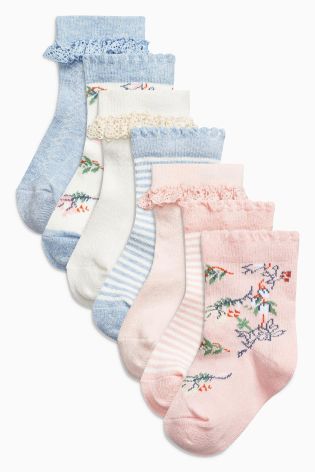 Yellow Floral Socks Seven Pack (Younger Girls)